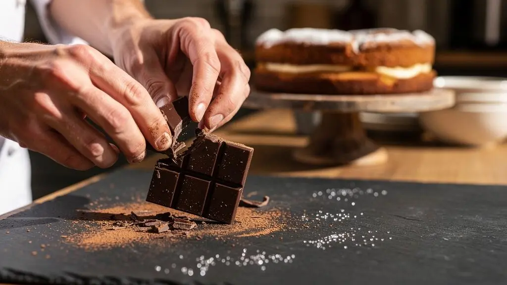 Mains d'un pâtissier français cassant un carré de chocolat noir pour révéler sa texture cristalline, symbole de l'équilibre entre pourcentage de cacao et quantité de sucre