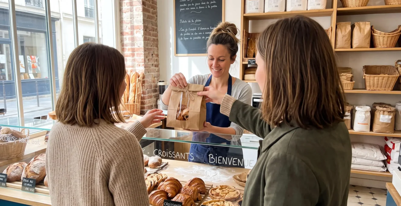 Un artisan pâtissier tend un sac papier contenant des pâtisseries à une cliente par-dessus le comptoir d'une boutique lumineuse