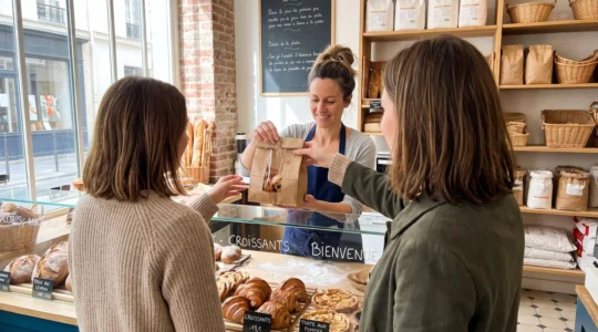 Un artisan pâtissier tend un sac papier contenant des pâtisseries à une cliente par-dessus le comptoir d'une boutique lumineuse