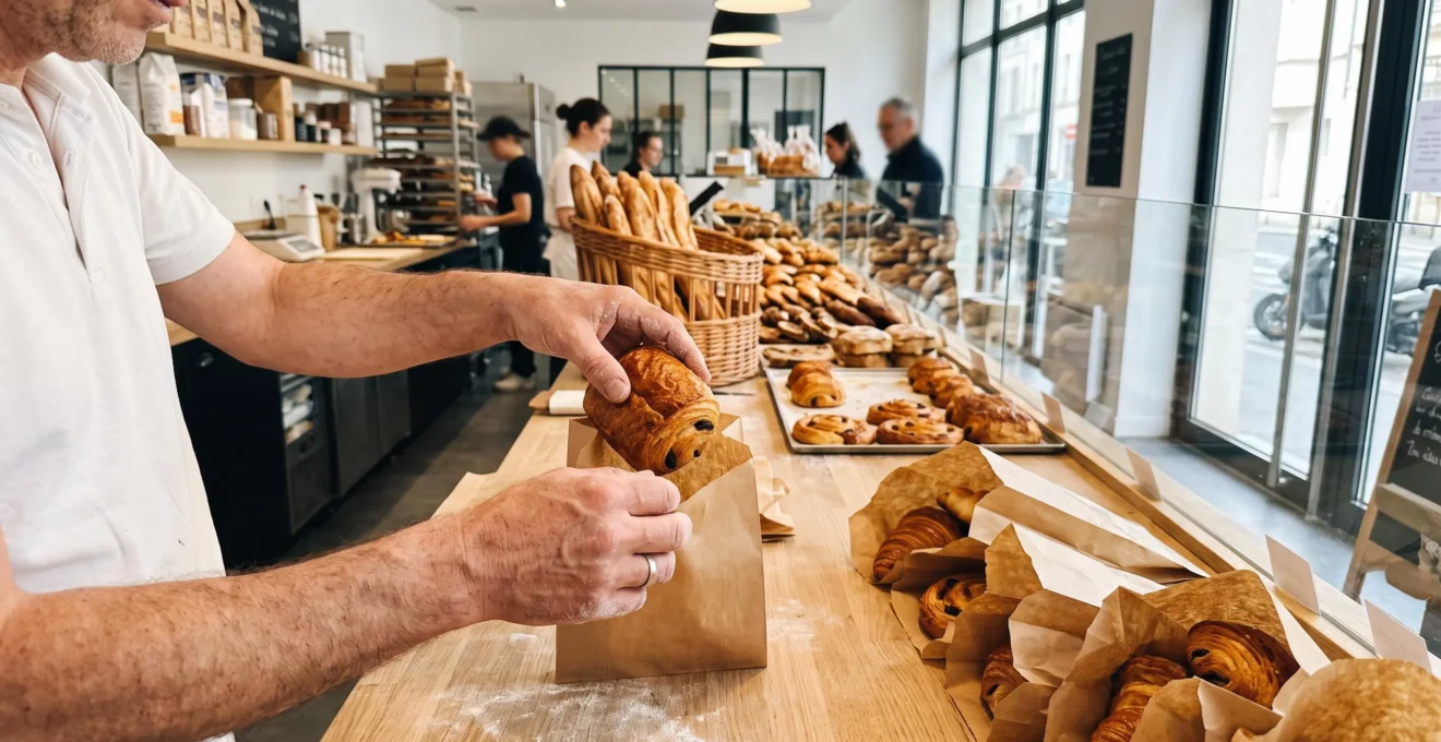 Mains d'un artisan pâtissier plaçant délicatement des pâtisseries dans des sachets kraft sur le comptoir d'une boutique moderne