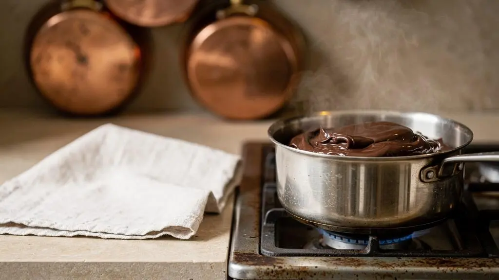 Bain-marie artisanal avec casserole et saladier en inox pour faire fondre du chocolat dans une cuisine française