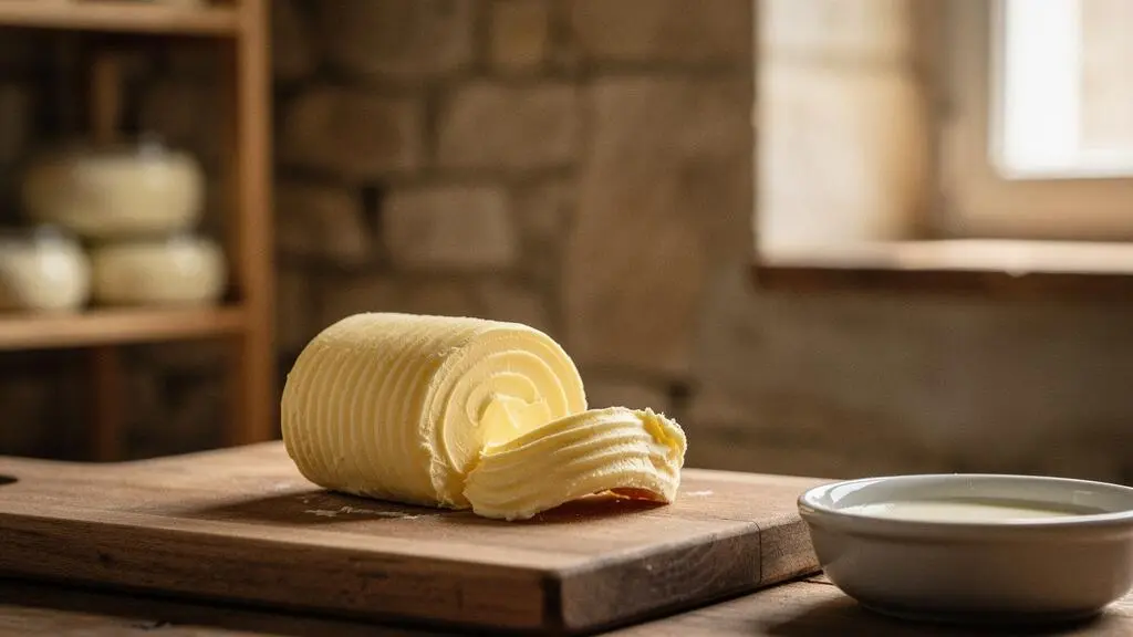 Motte de beurre de baratte artisanal posée sur une planche en bois dans une crèmerie française, symbole d'authenticité et de terroir