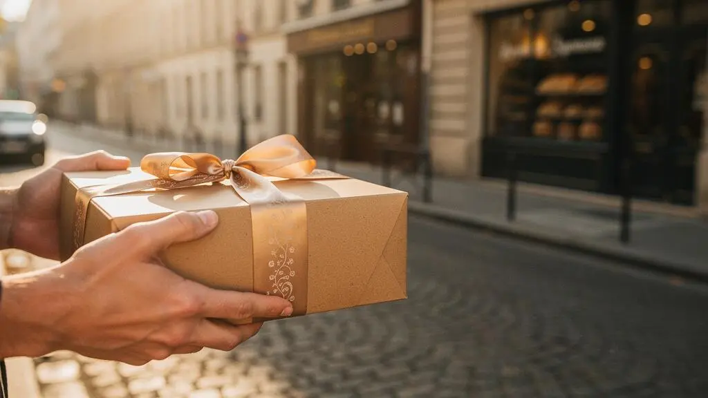 Une boîte pâtissière en carton kraft nouée d'un ruban, tenue avec précaution par des mains, dans une rue pavée parisienne au petit matin
