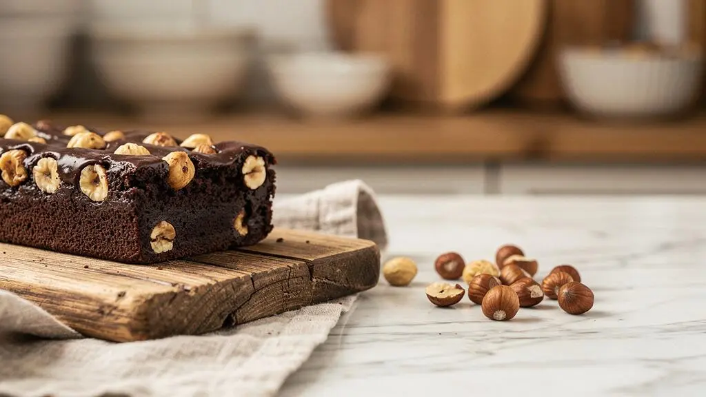 Brownie au chocolat garni de noisettes torréfiées dorées, présenté dans une ambiance de pâtisserie française raffinée