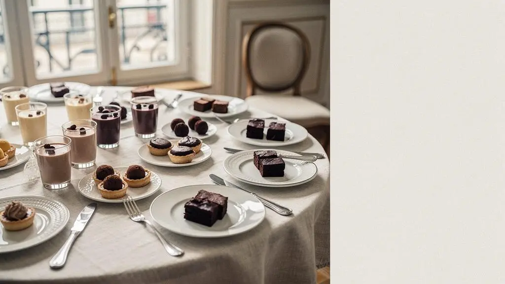Buffet de desserts au chocolat pour 15 personnes présentant une gradation de textures et d'intensités de cacao, du blond au noir intense