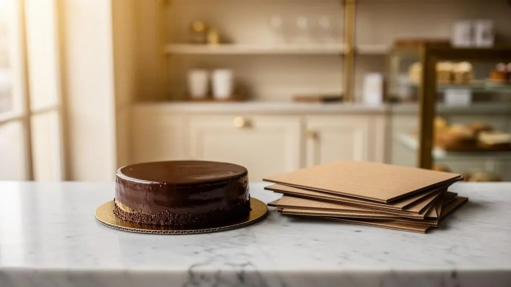 Entremet au chocolat posé sur un support en carton rigide, entouré de plusieurs épaisseurs de cake board dans un atelier de pâtisserie