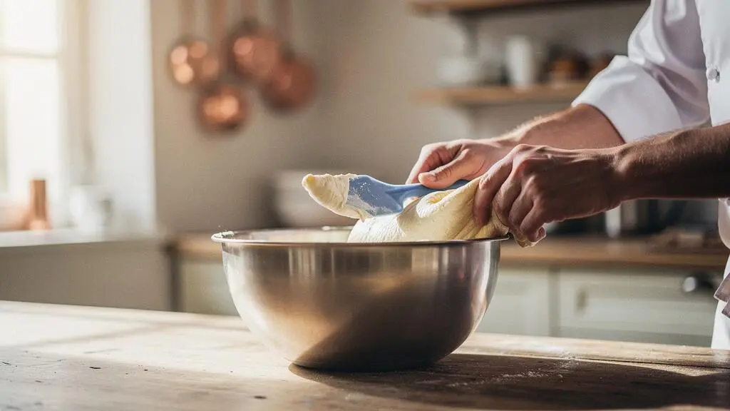 Mains d'un pâtissier incorporant délicatement une préparation aérienne avec une spatule souple dans un cul-de-poule, cuisine française lumineuse