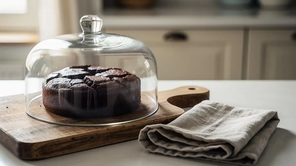 Cloche en verre transparente posée sur un moelleux au chocolat sur une table en bois dans une cuisine française lumineuse
