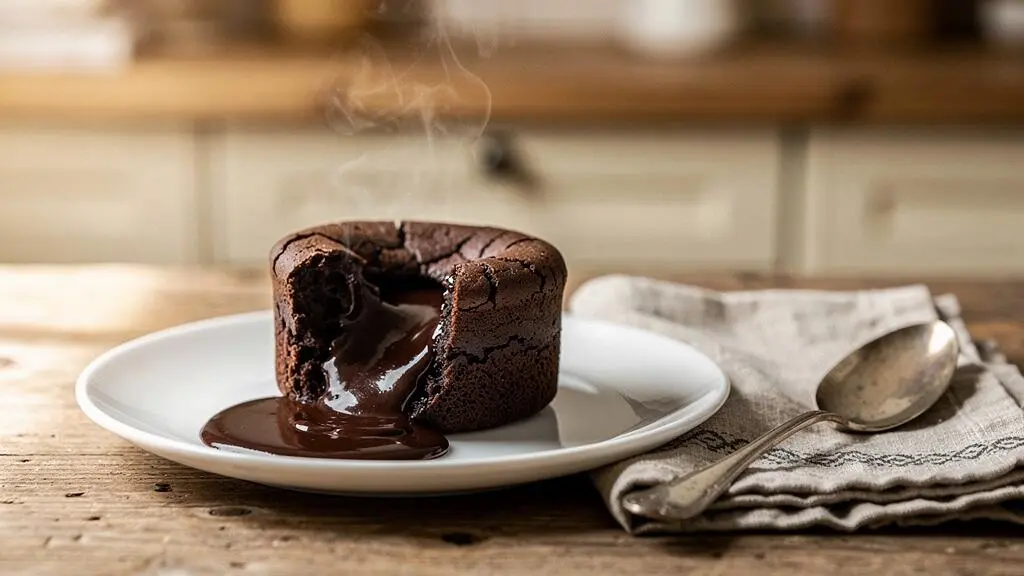 Moelleux au chocolat coupe en deux laissant echapper un coeur coulant sur une table en bois de style francais