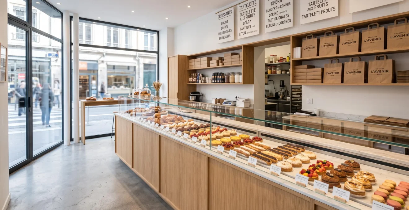Intérieur d'une pâtisserie française moderne avec comptoir vitrine, présentoirs de gâteaux et sacs en papier kraft visibles sur les étagères en arrière-plan