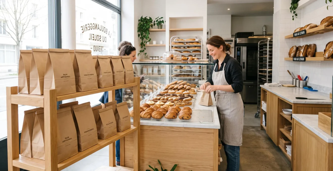 Comptoir épuré d'une pâtisserie moderne avec des sacs en papier kraft visibles sur une étagère, vitrine de produits en arrière-plan et lumière naturelle abondante