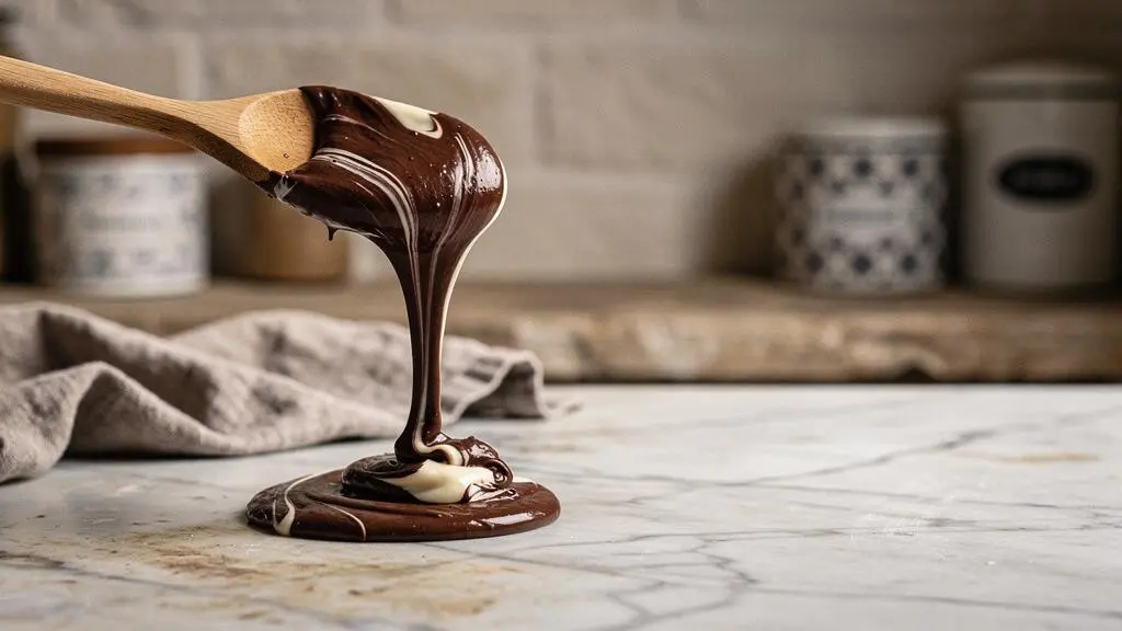 Cuillère en bois soulevant une pâte à moelleux au chocolat brillante et soyeuse enrichie de crème fraîche