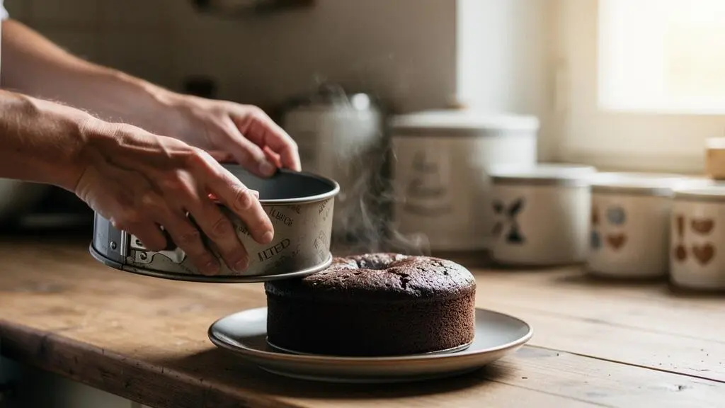 Mains démoulant délicatement un moelleux au chocolat encore tiède sur une assiette, dans une cuisine française lumineuse