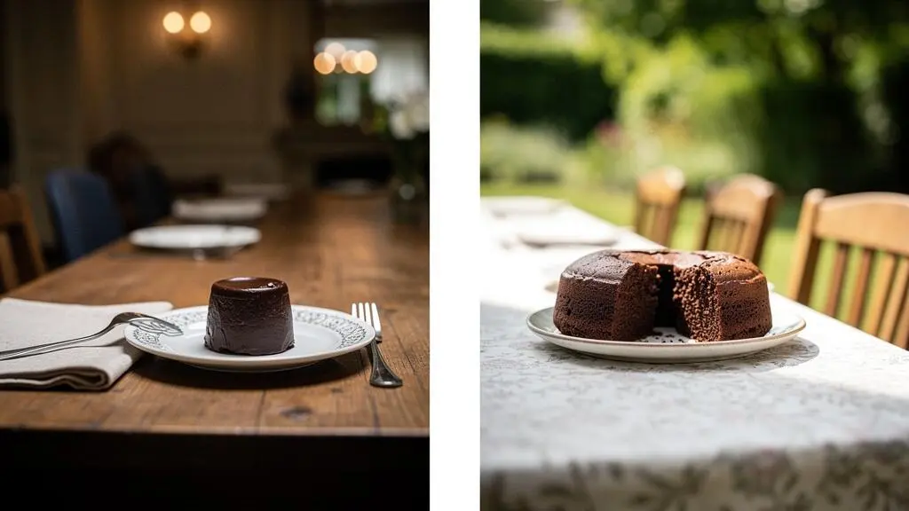 Composition symetrique opposant un dessert au chocolat raffine pour diner formel et un gouter chocolate convivial pour enfants