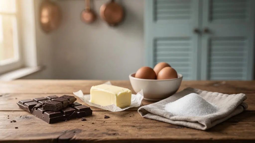 Nature morte élégante des quatre ingrédients d'un dessert au chocolat gourmand : chocolat, beurre, œufs et sucre, sur une table en bois dans une cuisine française