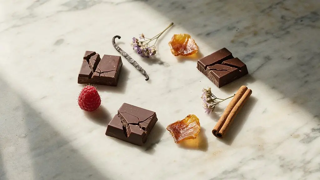 Carrés de chocolat noir de différentes origines disposés en cercle avec des ingrédients aromatiques évoquant leurs notes, dans une ambiance de dégustation raffinée à la française
