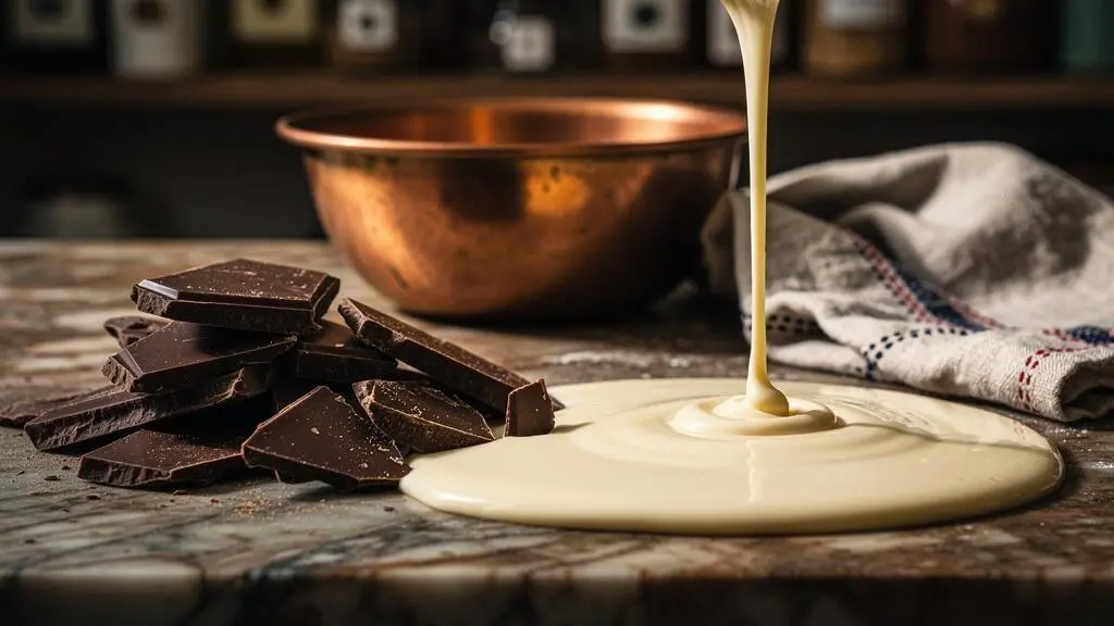 Composition artistique illustrant l'équilibre entre l'amertume du chocolat noir et la douceur d'une crème, sur un plan de travail à la française