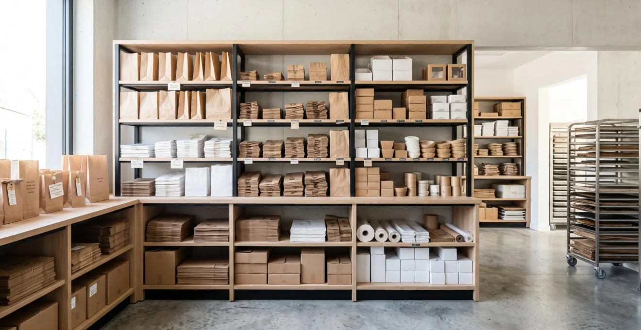 Étagères de stockage organisées dans une réserve de laboratoire de pâtisserie moderne, avec différents types de sacs et emballages en papier triés par taille