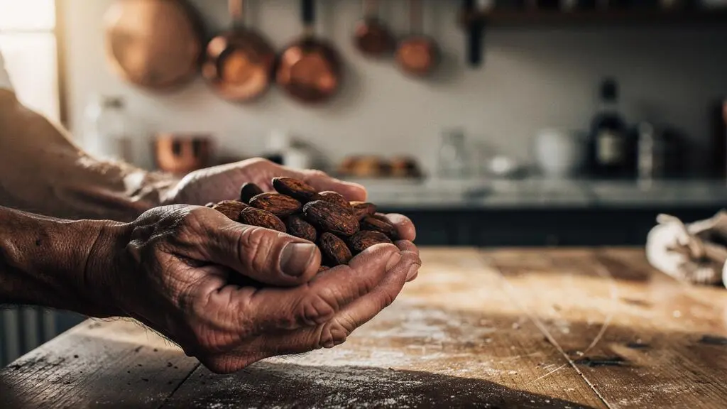 Un chocolatier français examine des fèves de cacao brutes triées à la main dans un atelier lumineux, illustrant la sélection d'un cacao de qualité supérieure pour la pâtisserie