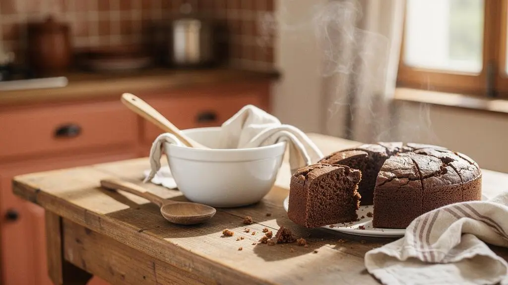Part de gâteau au yaourt chocolate coupée révélant une mie moelleuse et dense, posée sur une table en bois dans une cuisine française