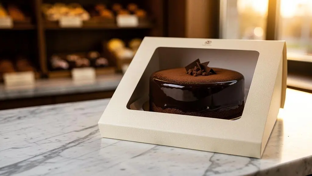 Gâteau au chocolat glacé positionné et centré derrière la fenêtre transparente d'une boîte pâtissière artisanale française