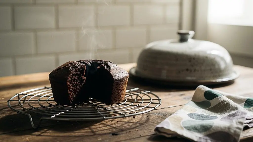 Moelleux au chocolat posé sur une grille de refroidissement dans une cuisine française, symbolisant la conservation de sa texture tendre pendant plusieurs jours