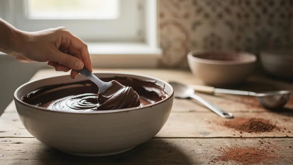 Une main experte incorpore délicatement une pâte à moelleux au chocolat avec une spatule souple dans une cuisine française lumineuse