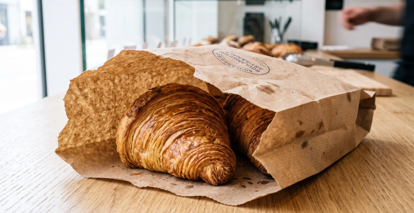 Gros plan sur un sac en papier kraft brun contenant des croissants artisanaux dorés, avec une texture de papier visible et un arrière-plan flouté lumineux