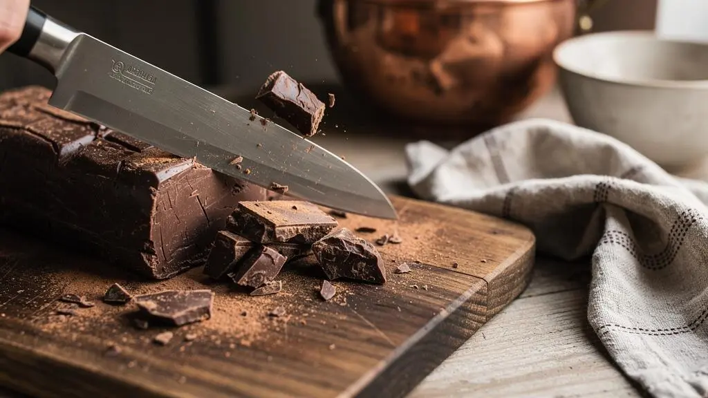 Bloc de chocolat noir en train d'être haché en éclats réguliers avec un couteau sur une planche en bois, dans une cuisine de style français