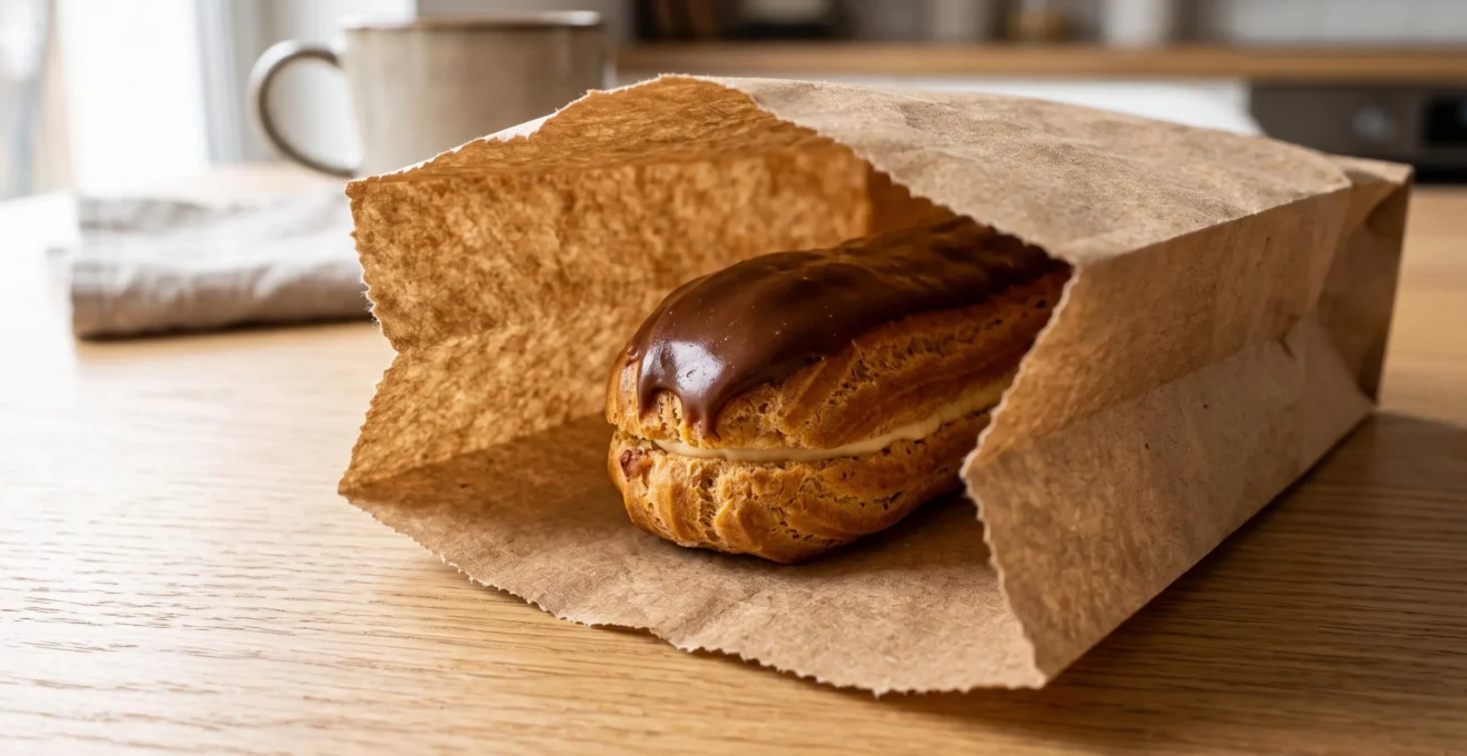 Gros plan sur un sac en papier kraft contenant un éclair au chocolat, mettant en valeur la texture du papier et la tenue du produit pâtissier