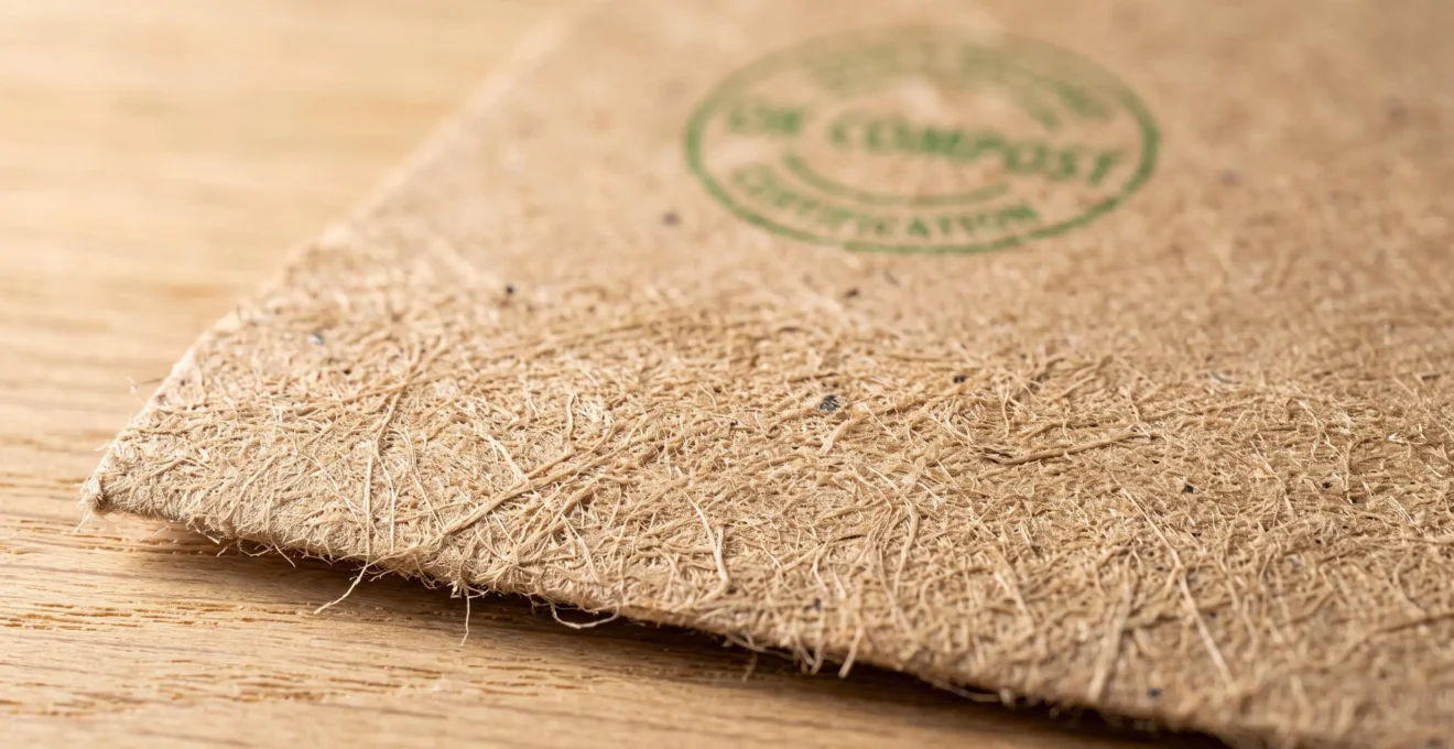 Gros plan sur la texture d'un papier kraft naturel montrant des fibres cellulosiques visibles, avec un logo de certification OK Compost légèrement flouté en arrière-plan sur une surface en bois clair