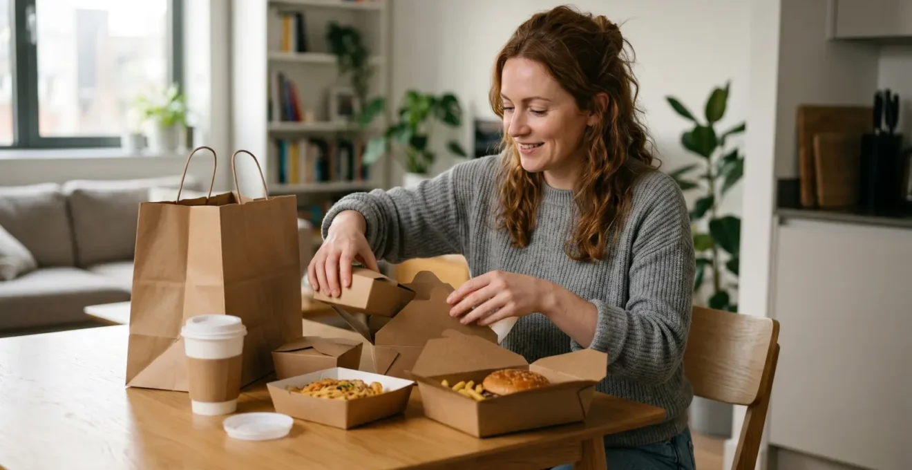 Gros plan sur la texture d'un papier kraft montrant les fibres naturelles en détail, avec des pâtisseries floues en arrière-plan