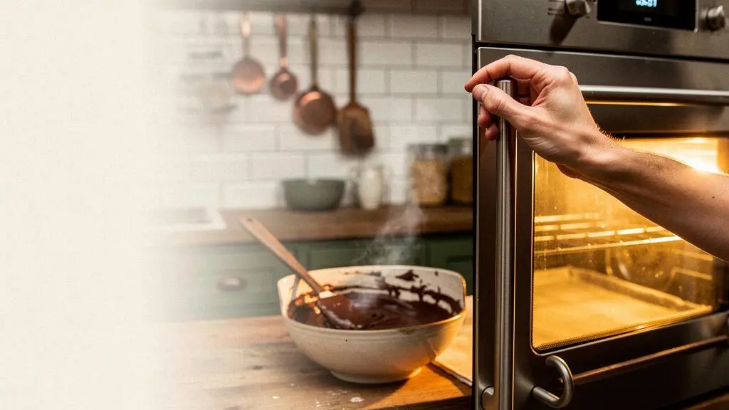 Main refermant la porte d'un four chaud dans une cuisine française, lumière dorée s'échappant de l'intérieur, ambiance pâtisserie maison