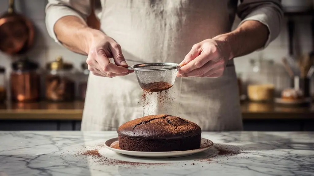 Mains expertes d'un pâtissier français finalisant délicatement un moelleux au chocolat dans un atelier parisien