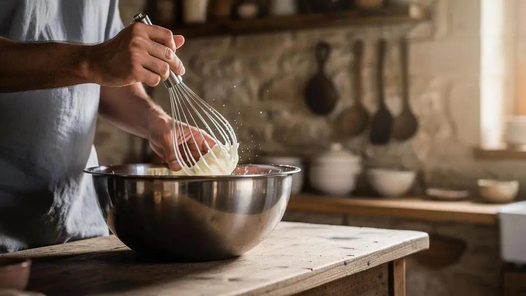 Mains fouettant energiquement des blancs d'oeufs en neige ferme dans un cul-de-poule, cuisine francaise