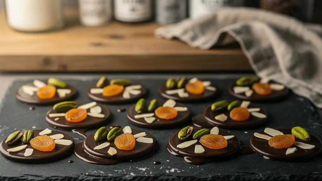 Palets de chocolat mendiants parfaitement ronds et brillants, garnis de fruits secs, disposés sur une plaque dans une cuisine française
