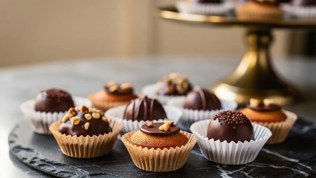 Assortiment de mignardises au chocolat disposees dans des caissettes en papier plisse sur un plateau elegant a la francaise