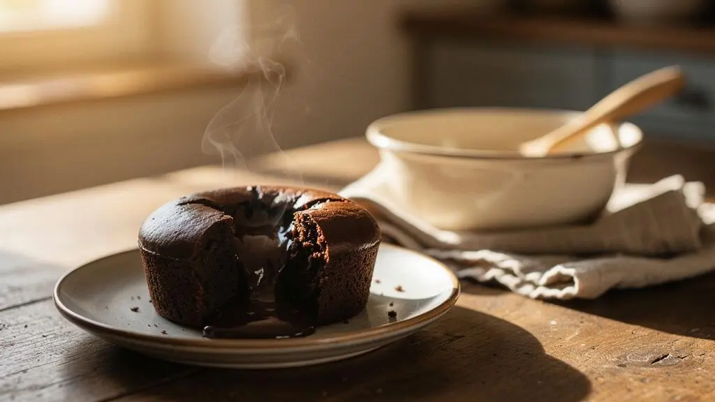 Moelleux au chocolat coulant tout juste sorti du four, posé sur une table en bois dans une cuisine française lumineuse