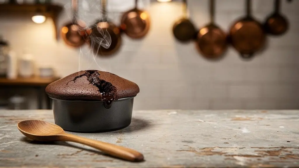 Moelleux au chocolat coulant fraîchement démoulé sur une table en marbre de cuisine française, fumée légère s'échappant du cœur fondant