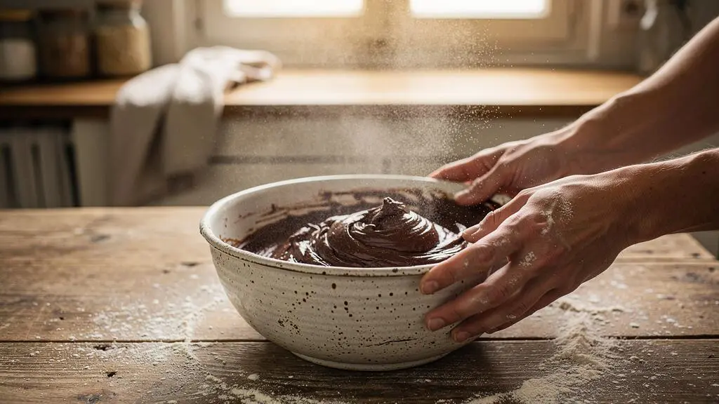 Gros plan de mains pétrissant une pâte à gâteau riche en cacao dans un saladier en céramique, dans une cuisine française rustique