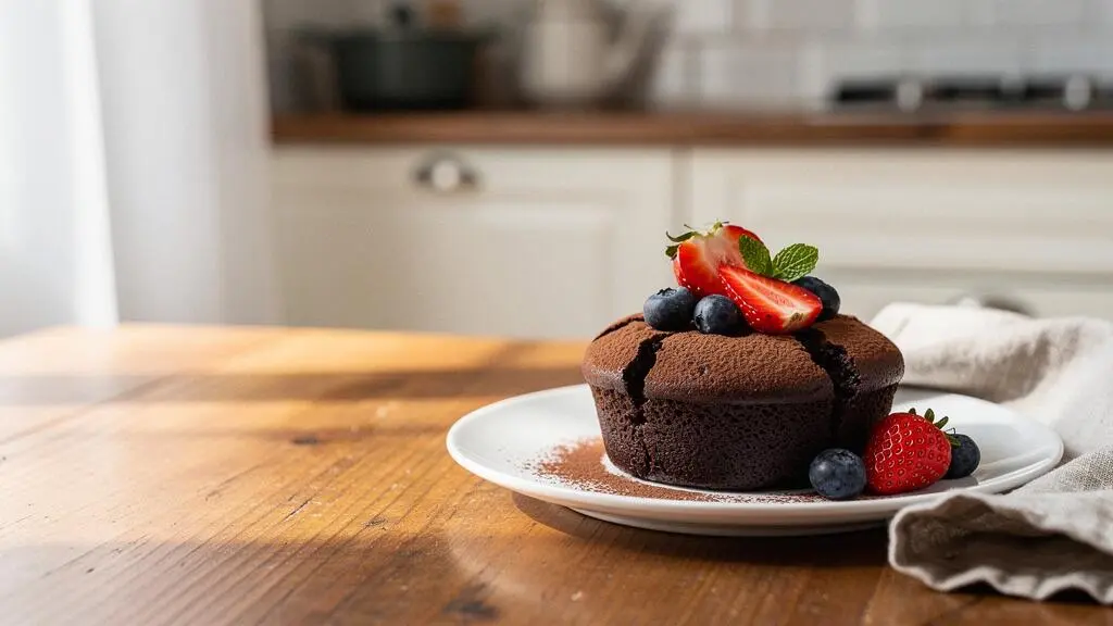 Moelleux au chocolat élégamment décoré de cacao tamisé et de fruits frais, dans une ambiance de pâtisserie française raffinée