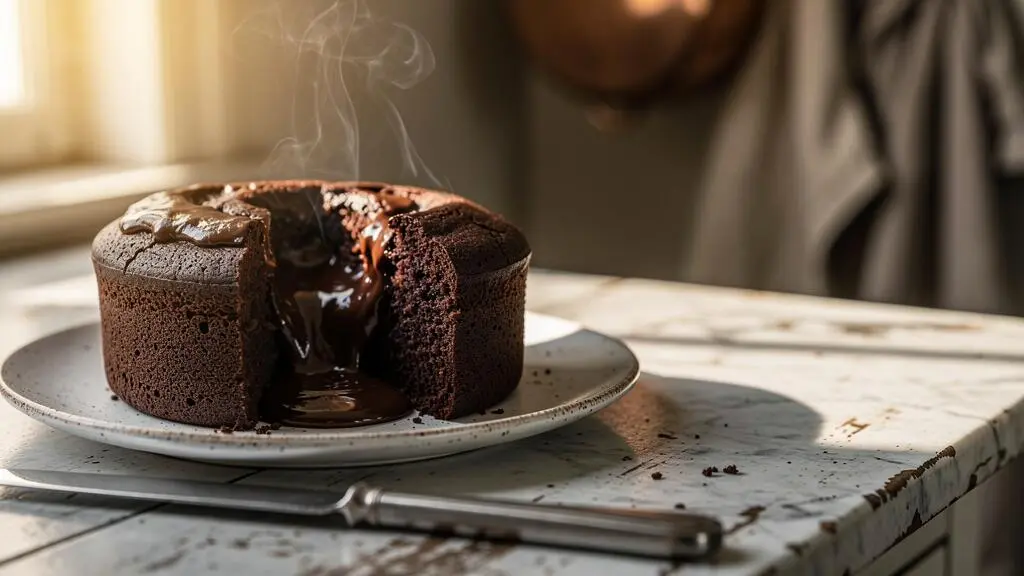 Moelleux au chocolat coupe en deux, mettant en valeur son coeur fondant et une reduction subtile du sucre