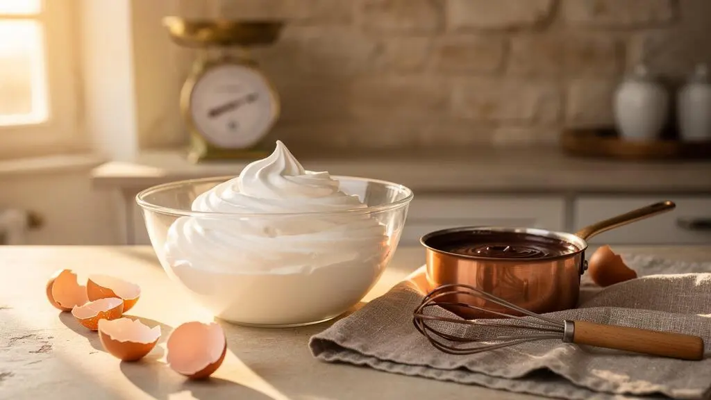 Bol en verre rempli de mousse au chocolat aérienne avec des blancs en neige brillants formant un bec d'oiseau, dans une cuisine française lumineuse