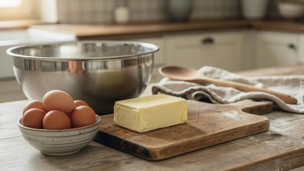 Œufs et beurre disposés sur un plan de travail en bois dans une cuisine française, en train de revenir à température ambiante avant la préparation d'un moelleux au chocolat
