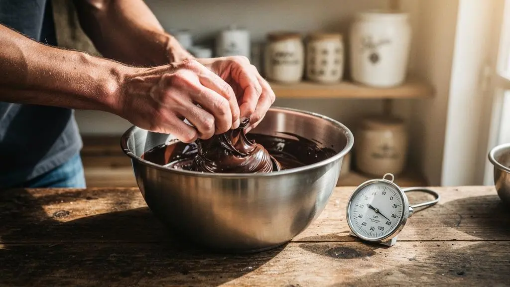 Un pâtissier amateur dans une cuisine française travaille délicatement une pâte de chocolat de couverture fondu avec une spatule maryse, sans matériel professionnel de tempérage.