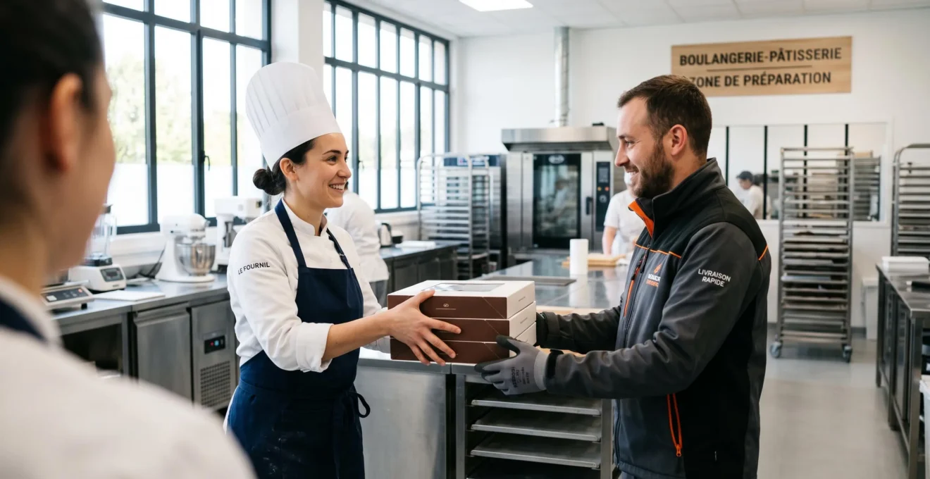 Un pâtissier en tenue professionnelle échange des cartons d'emballages avec un livreur dans un laboratoire de pâtisserie moderne et lumineux