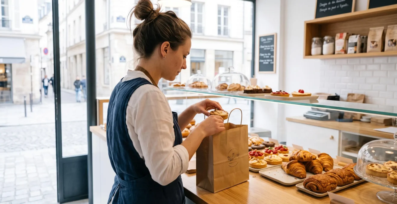 Une employée de pâtisserie vue de dos prépare une commande à emporter en plaçant des desserts dans des sacs kraft écologiques sur un comptoir moderne