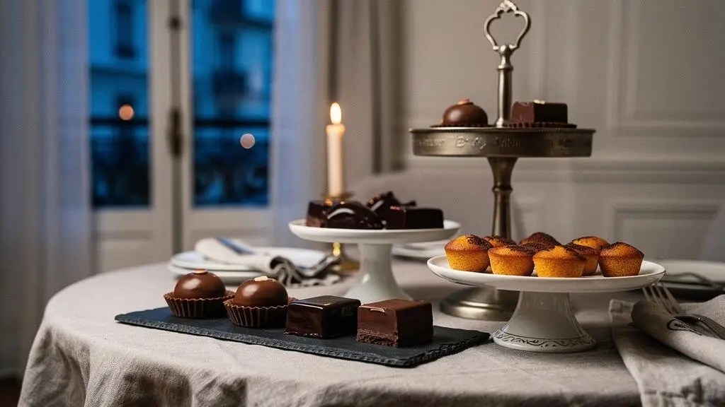 Plateau de desserts chocolates elegamment dresse pour une tablee de convives a la francaise