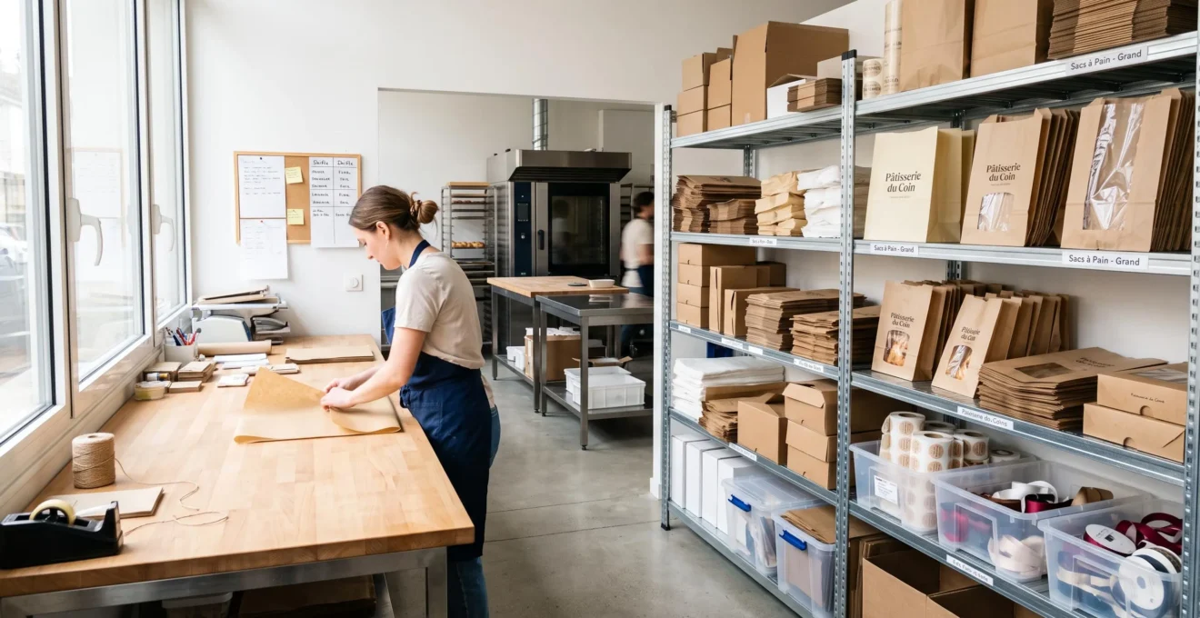 Poste d'emballage professionnel dans l'arrière-boutique d'une pâtisserie avec une variété de sachets organisés sur des étagères, espace de travail propre et lumineux