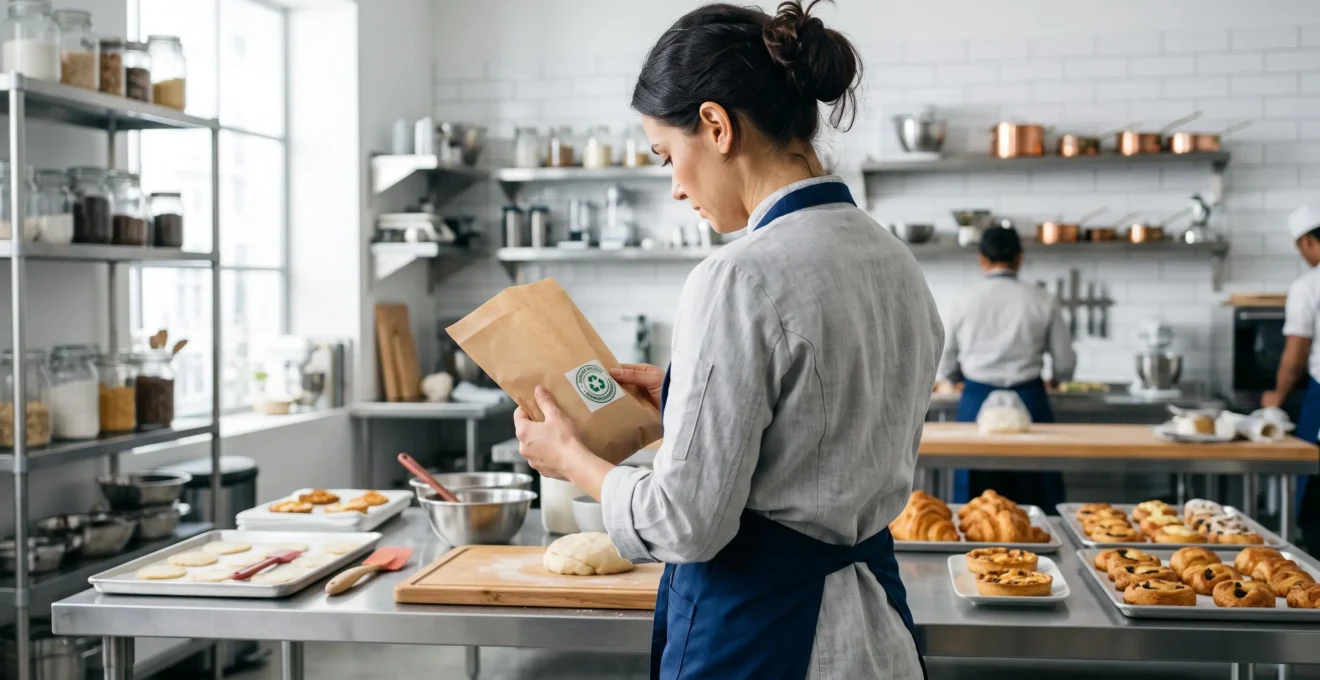 Professionnel en tablier moderne vu de dos dans un laboratoire de pâtisserie lumineux, tenant un sac et vérifiant un label de certification, geste de lecture naturel